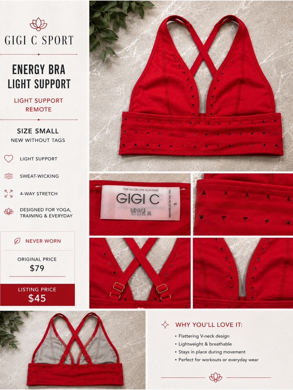 GIGI C Red Cross-Back Light Support Sports Bra